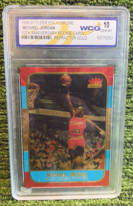 lot 13a image: MICHAEL JORDAN 1996-97 Fleer Polychrome 10TH ANNIV WCG 10 GEM MINT CHICAGO BULLS