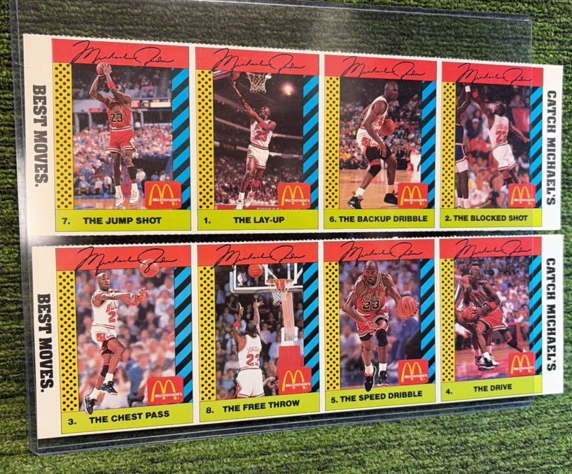 lot 67a image: 1990 SI FOR KIDS MCDONALDS MICHAEL JORDAN RARE UNCUT 2 ROWS CHICAGO BULLS