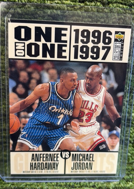 lot 67p image: 1996-97 UD Collectors Choice One on One Michael Jordan, Anfernee Hardaway #356