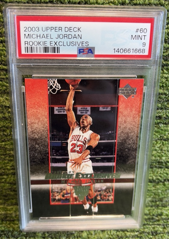 lot 81 image: 2003 Upper Deck #60 Michael Jordan Rookie Exclusives PSA 9