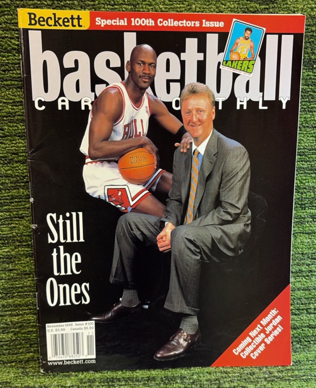 lot 94 image: MICHAEL JORDAN & LARRY BIRD  BECKETT Basketball November 1998 Special ISSUE #100
