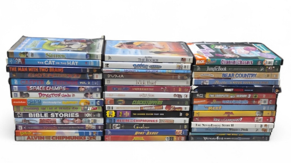 Large Kids DVD Lot Shrek Cat in the Hat Alvin Chipmunks Robot Chicken More