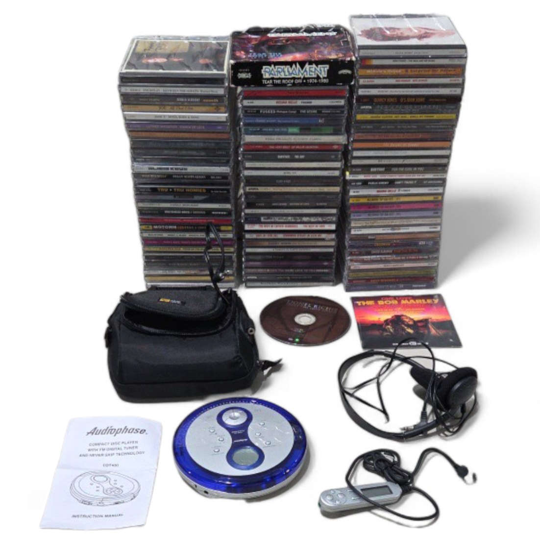 Large CD Lot with Portable CD Player, Headphones, Case, Bob Marley CD  & Many More