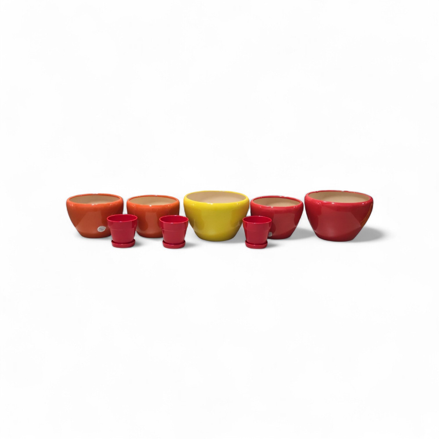 8 Ceramic Flower Pots - Assorted Red, Orange & Yellow Planters