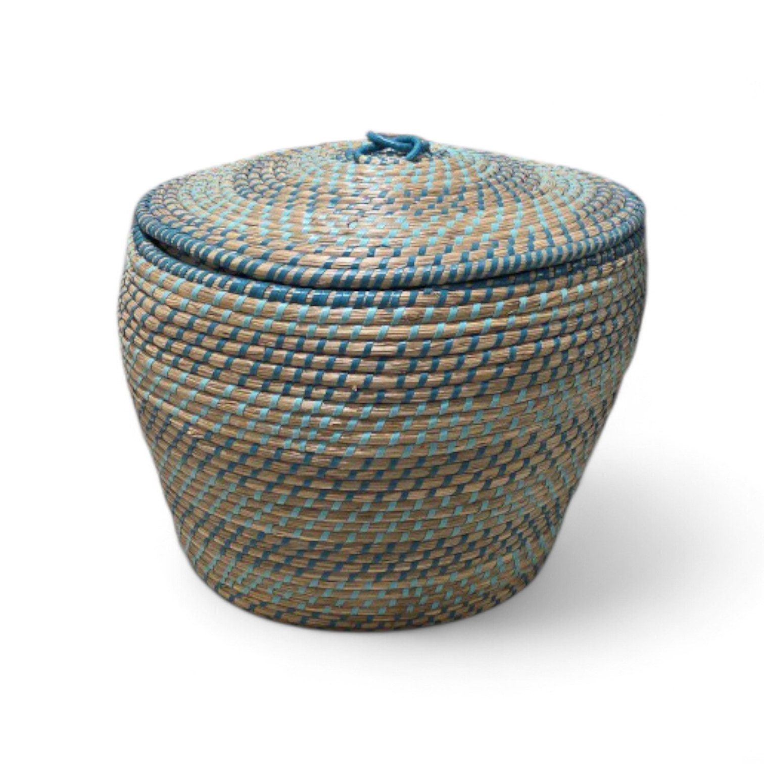 Lidded Wicker Basket - Woven Storage Basket with Blue Accents