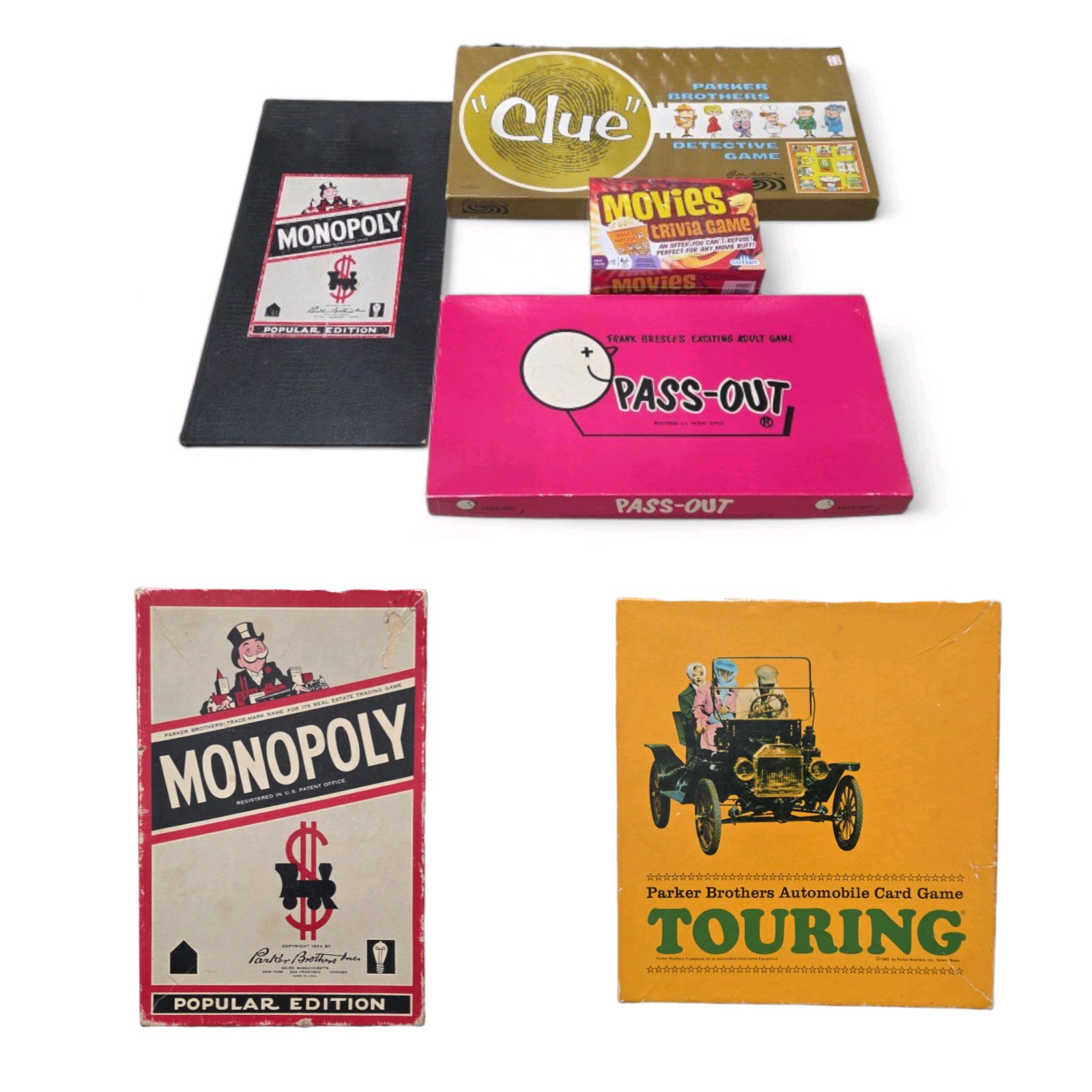 Vintage Board Game Lot - Clue, Monopoly, Pass-Out, Touring, & Movies Trivia