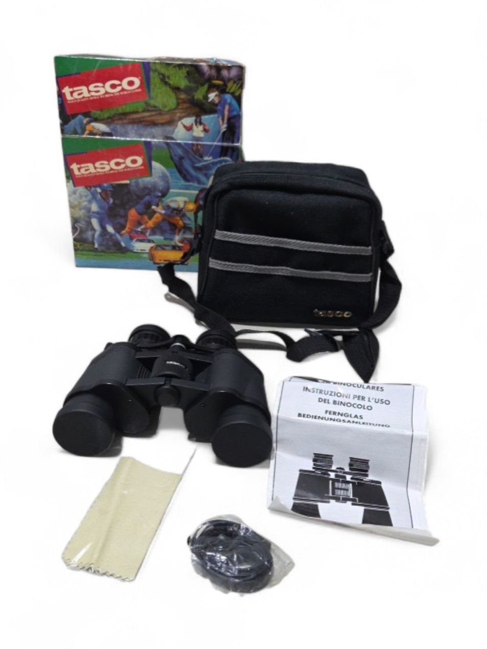 Tasco Binoculars with Case, Box, Strap, Cloth & Paperwork