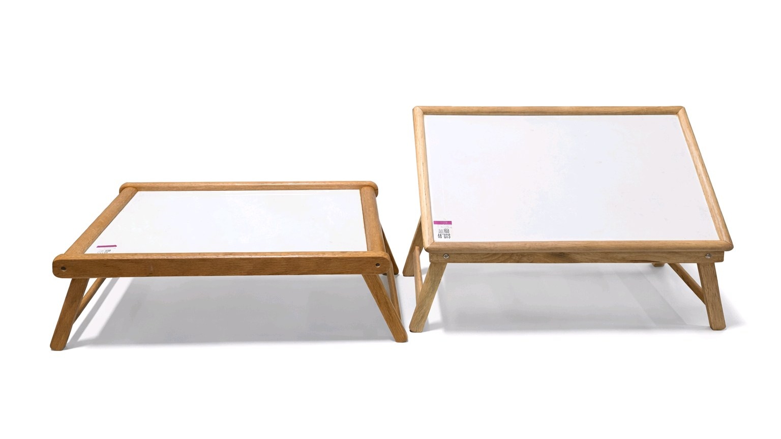 Set of 2 Wooden Folding Lap Desks Breakfast Trays White Tops Adjustable Tilt Bed Table Set