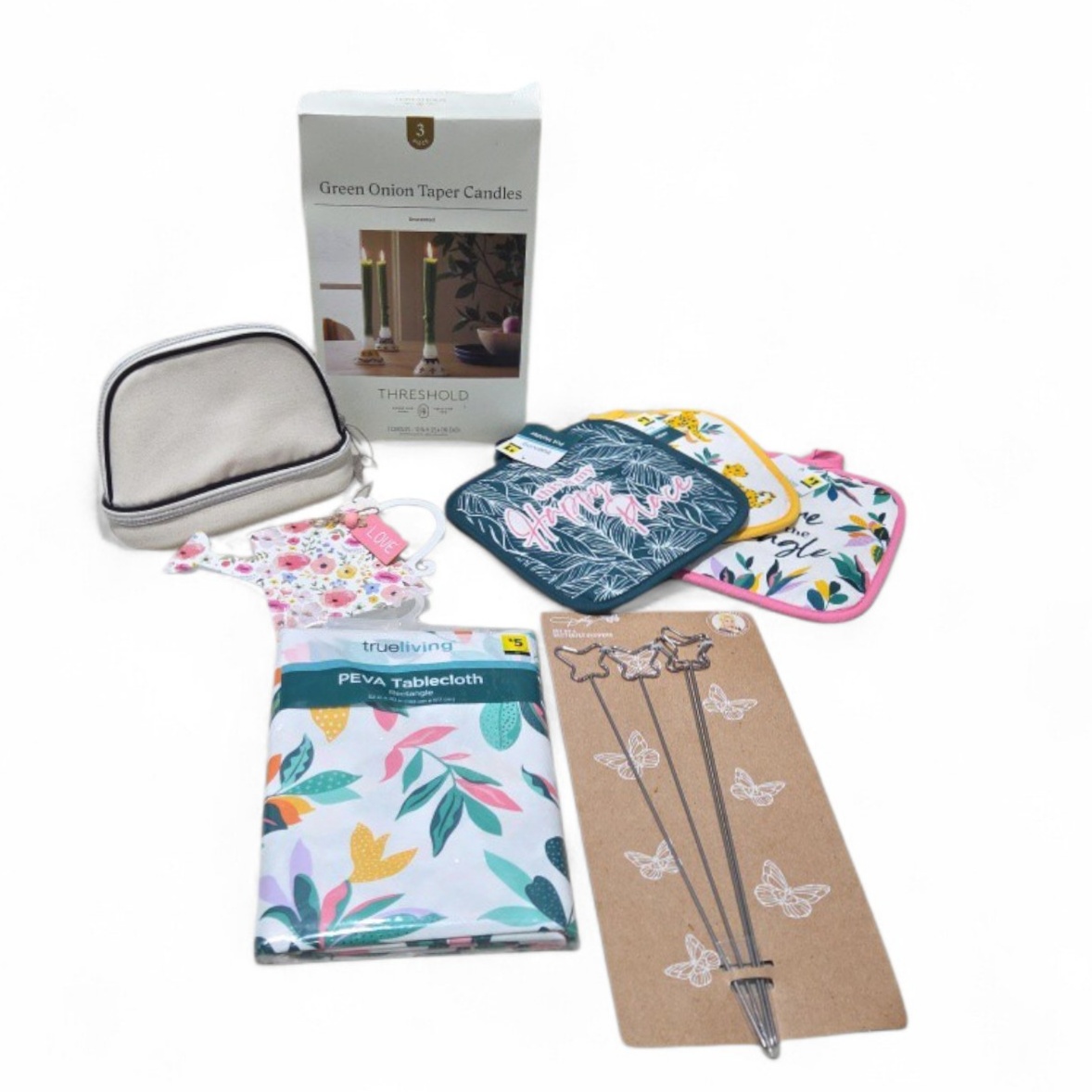 Mixed Home Decor Lot - Taper Candles, Tablecloth, Potholders and More