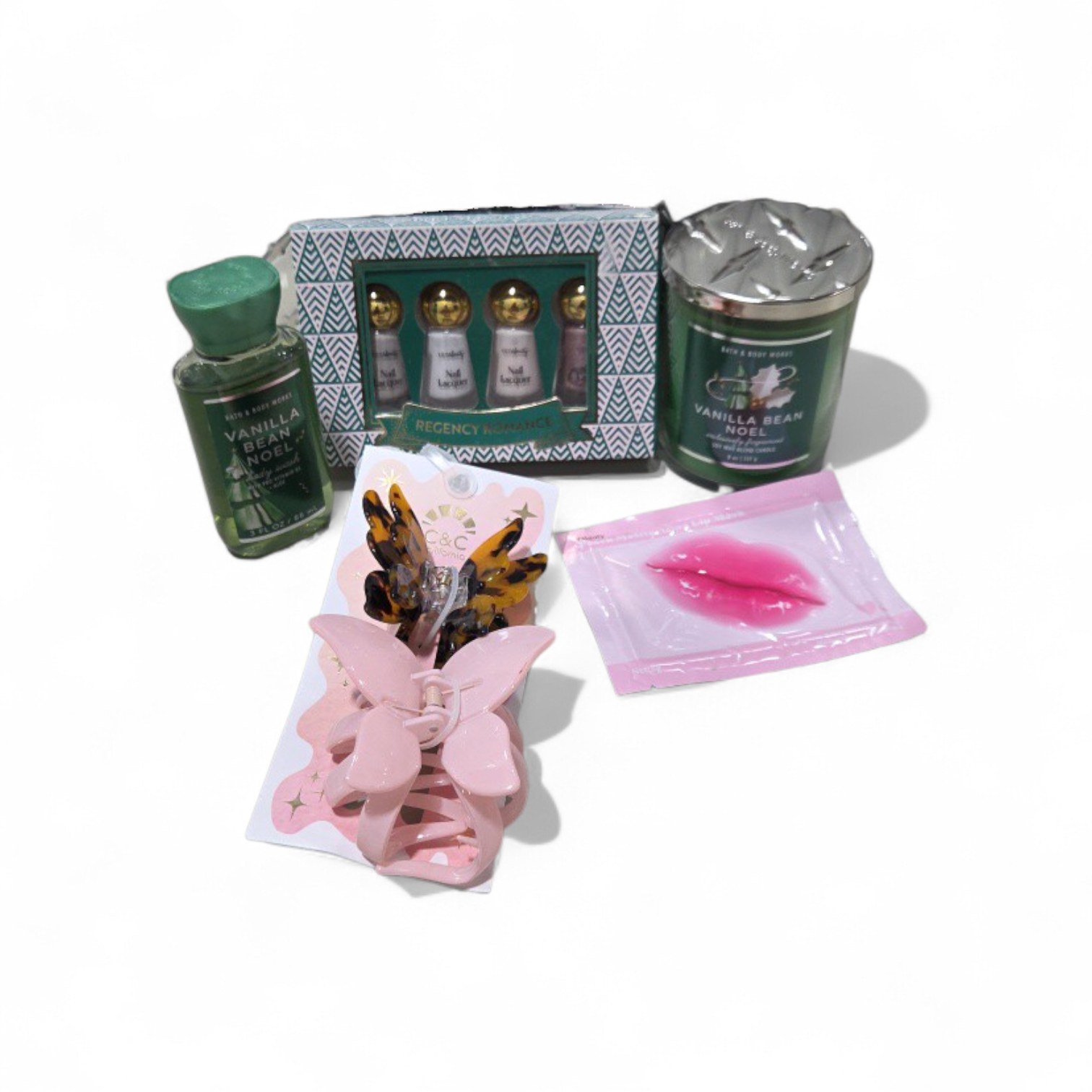 Mixed Gift Lot - Vanilla Bean Noel Bath and Body Works set, Regency Romance Nail Polish, Hair Clips, and Lip Mask