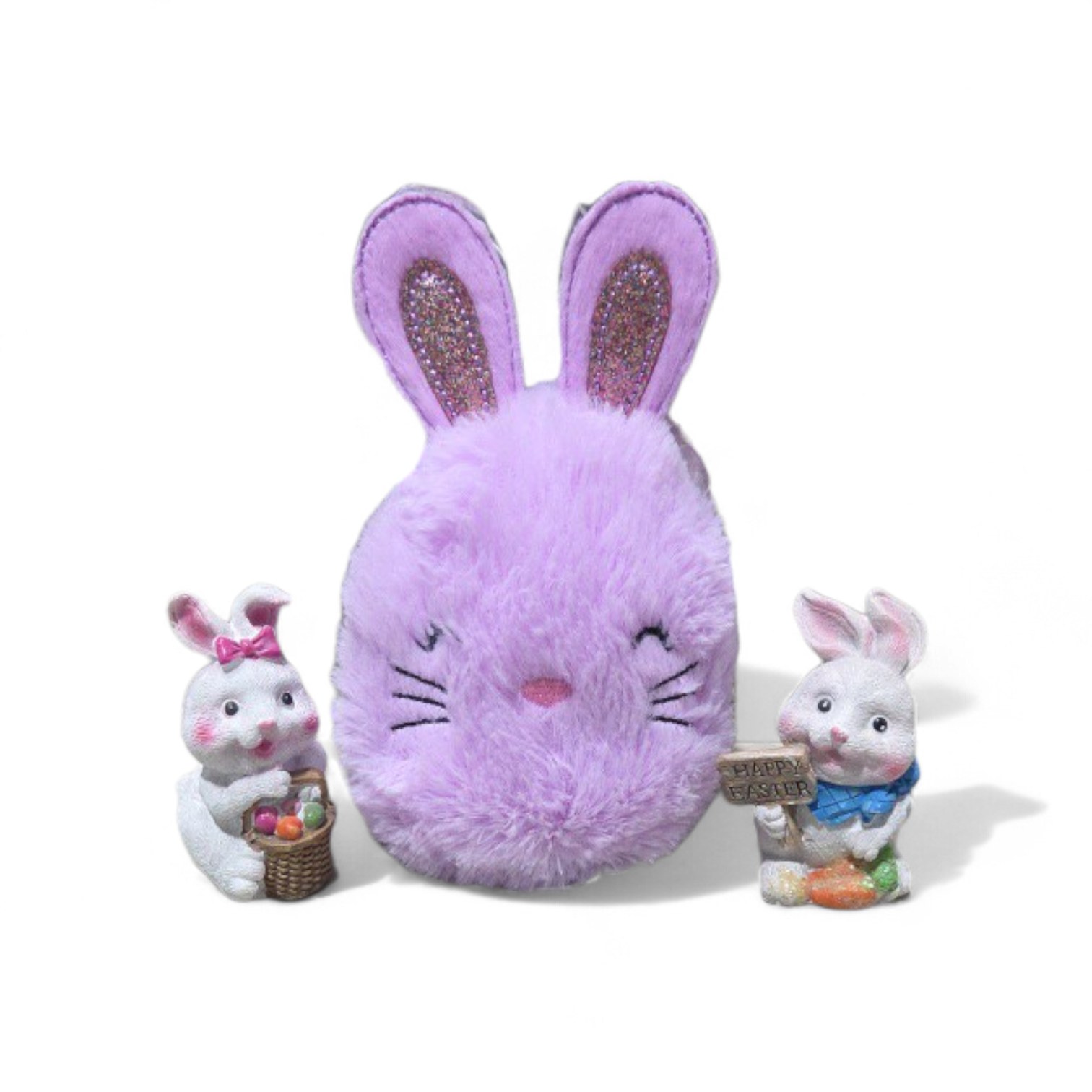 Easter Bunny Decor Lot - Plush Bunny Bag and 2 Figurines