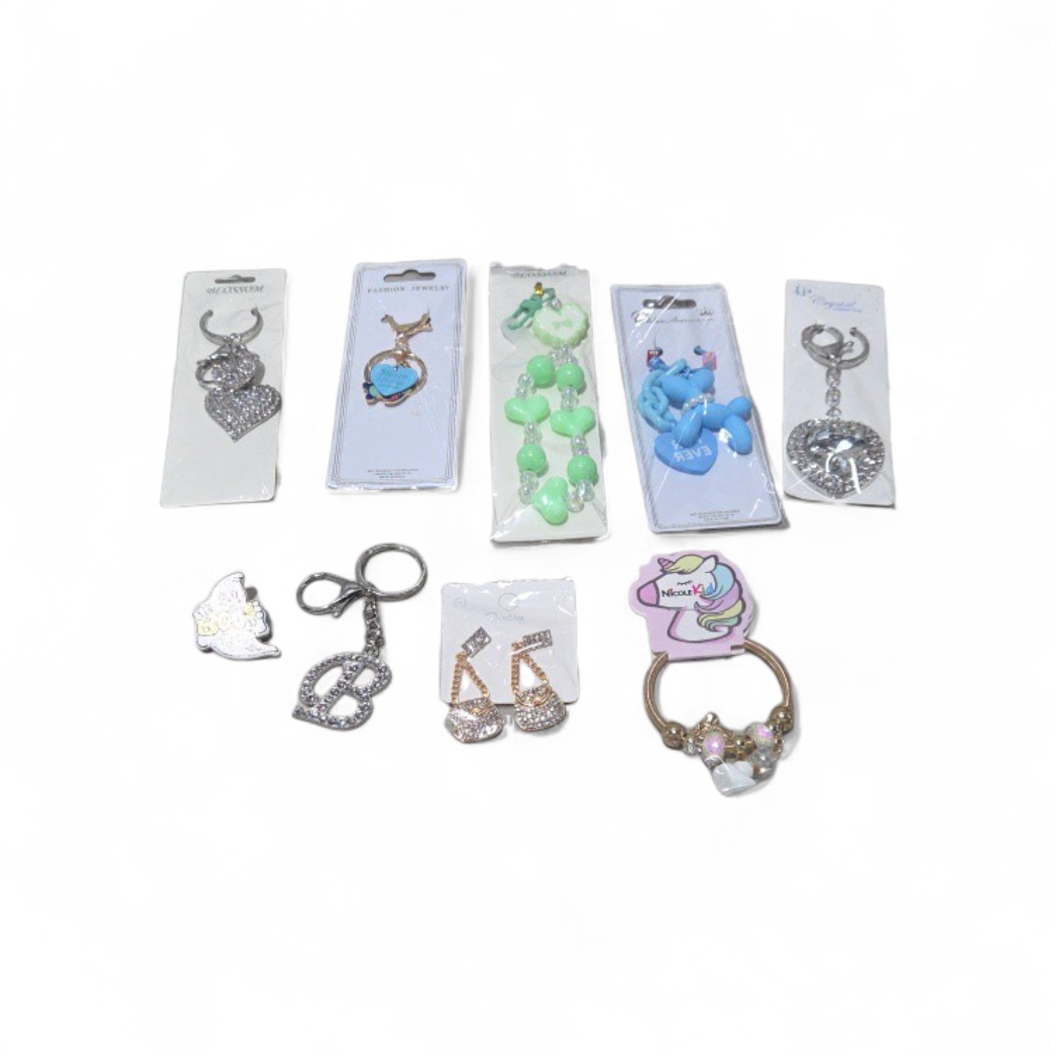 Mixed Costume Jewelry and Keychain Lot - Hearts, Peace Sign, Earrings and Unicorn Ring