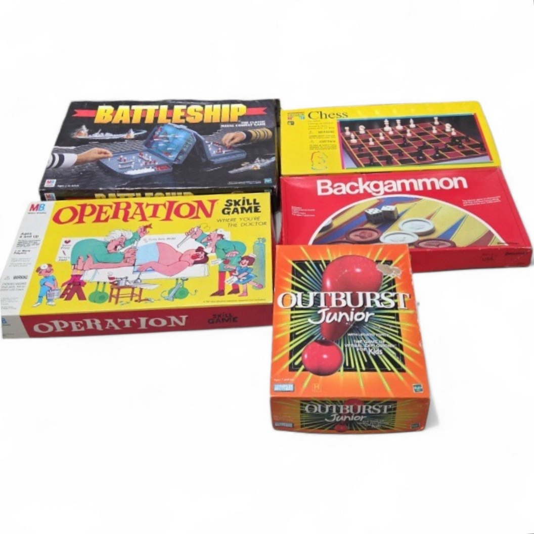 Board Game Lot - Battleship, Operation, Chess, Backgammon and Outburst Junior