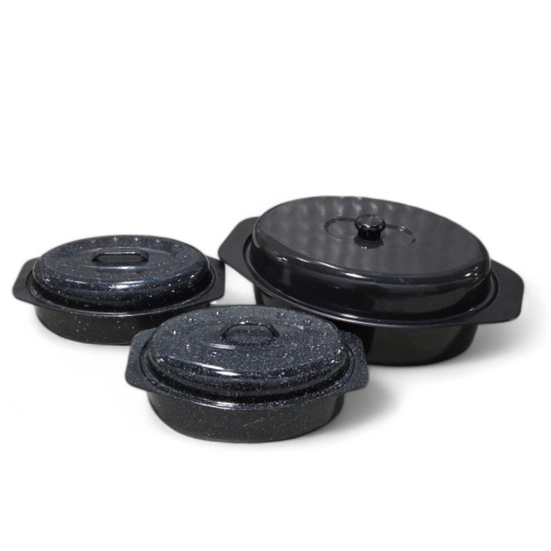 Speckled Enamel Roaster and Covered Pan Lot