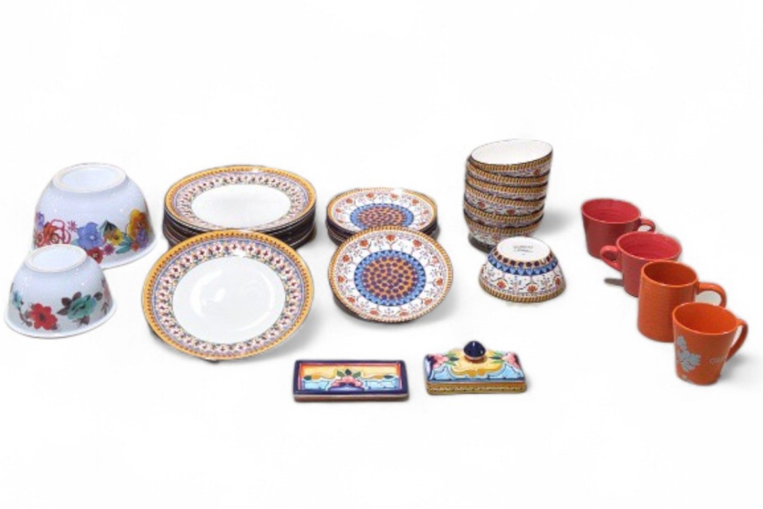 Mixed Dishware Lot - Decorative Plates, Bowls, Cups and Butter Dish