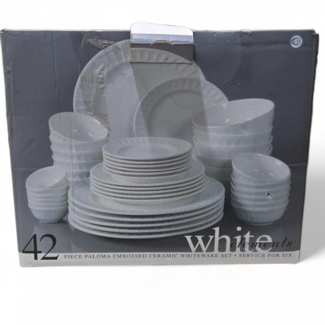 42 Piece White Elements Paloma Embossed Ceramic Dinnerware Set