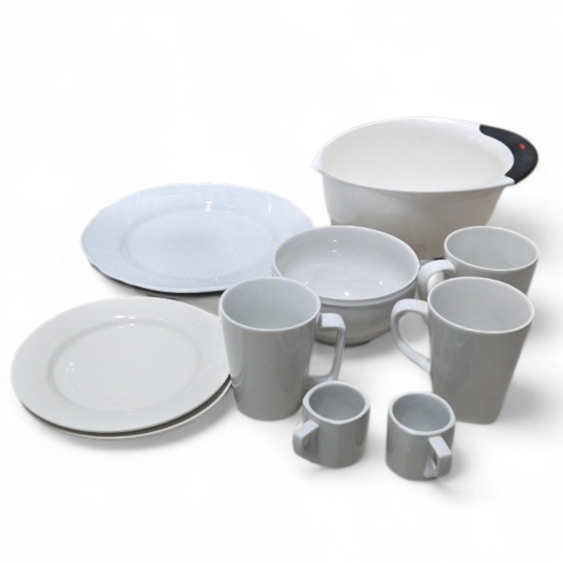 Mixed White and Gray Dishware Lot - Plates, Bowls, Mugs and Serving Bowl