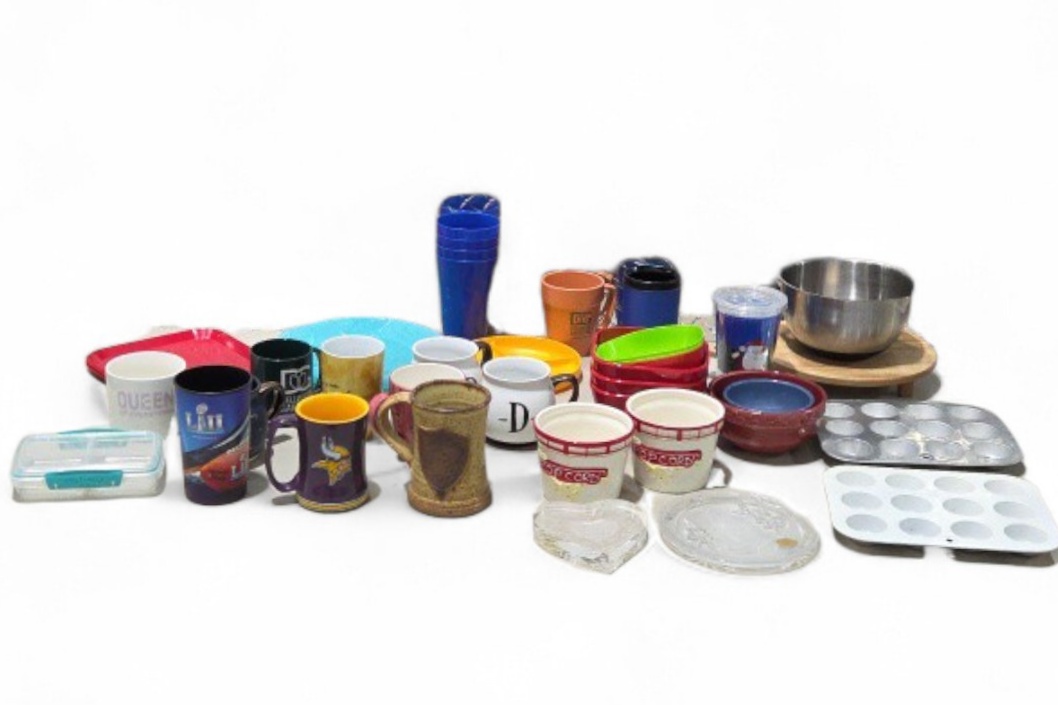 Mixed Kitchen Lot - Vikings Mug, Assorted Mugs, Bowls, Baking Pans, Tray and More