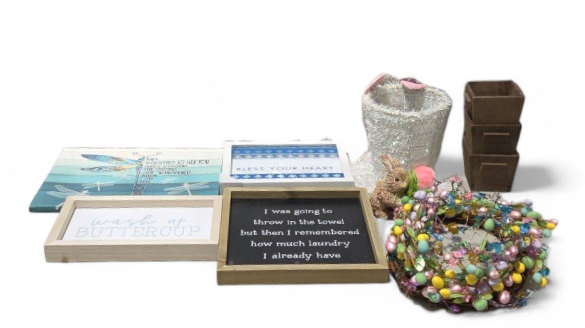Mixed Home Decor Lot - Signs, Wall Plaques, Wooden Organizer and Easter Egg Wreath