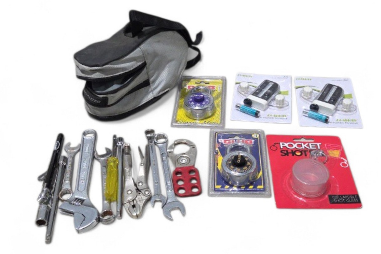 Mixed Tool and Bike Accessory Lot - Locks, Wrenches, and Saddle Bag