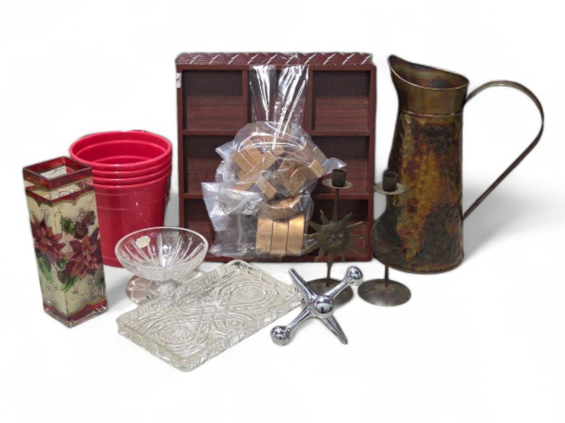 Mixed Home Decor Lot - Metal Decorative Pitcher, Candlesticks, Tic Tac Toe, Stained Glass and More