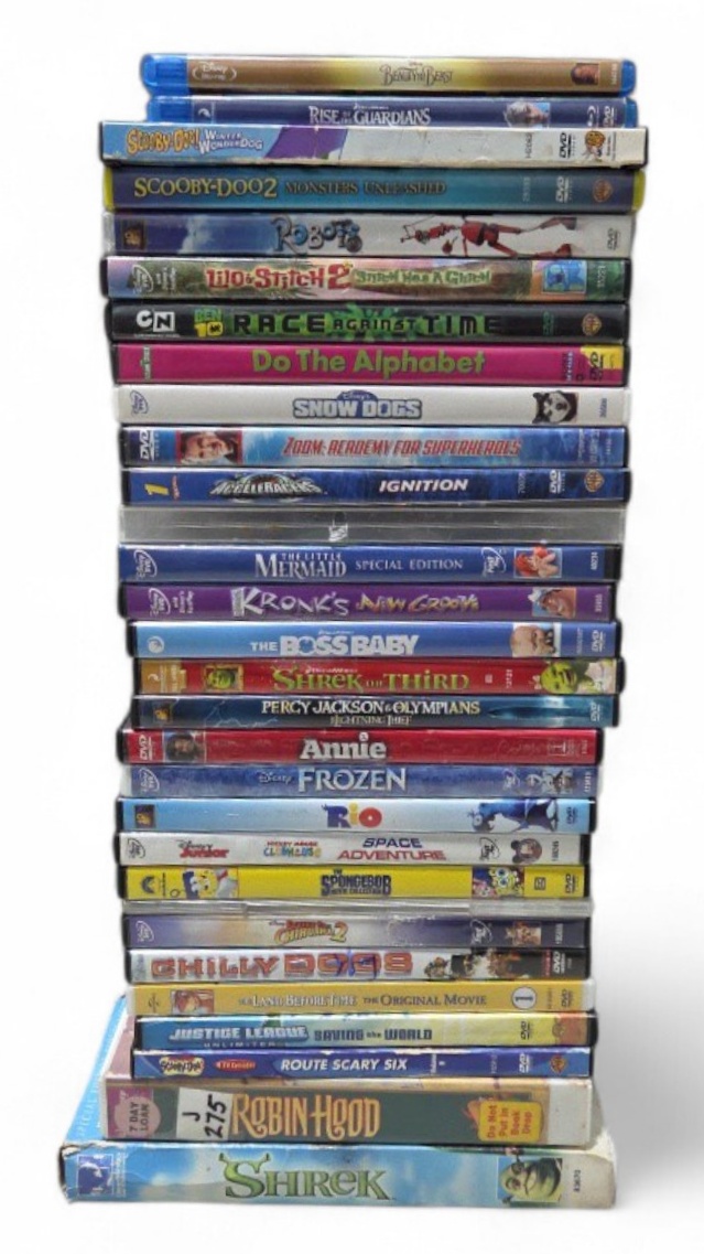 Kids Movie Lot - DVDs and 2 VHS Tapes - Shrek, Frozen, Annie, Scooby-Doo and More