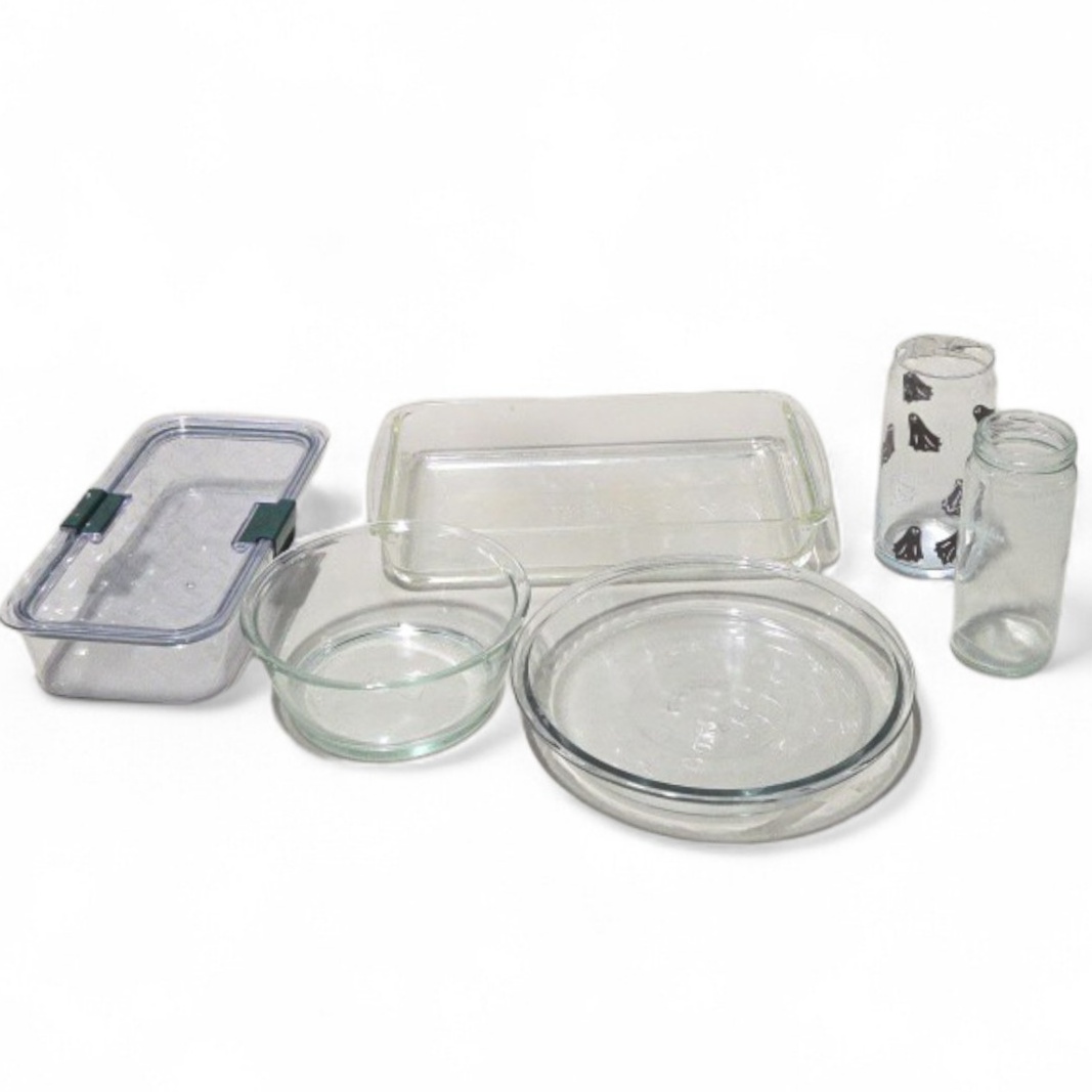 Glass Kitchenware Lot - Baking Dishes, Storage Container and Glass Tumblers