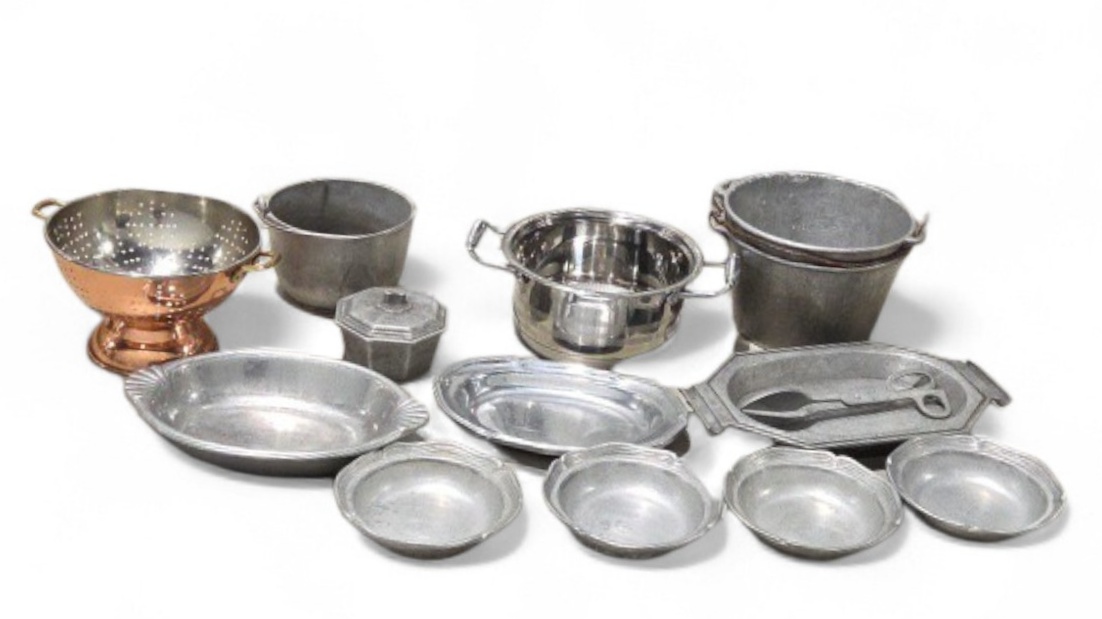 Mixed Metal Kitchenware Lot - Colander, Pots, Buckets and Serving Pieces