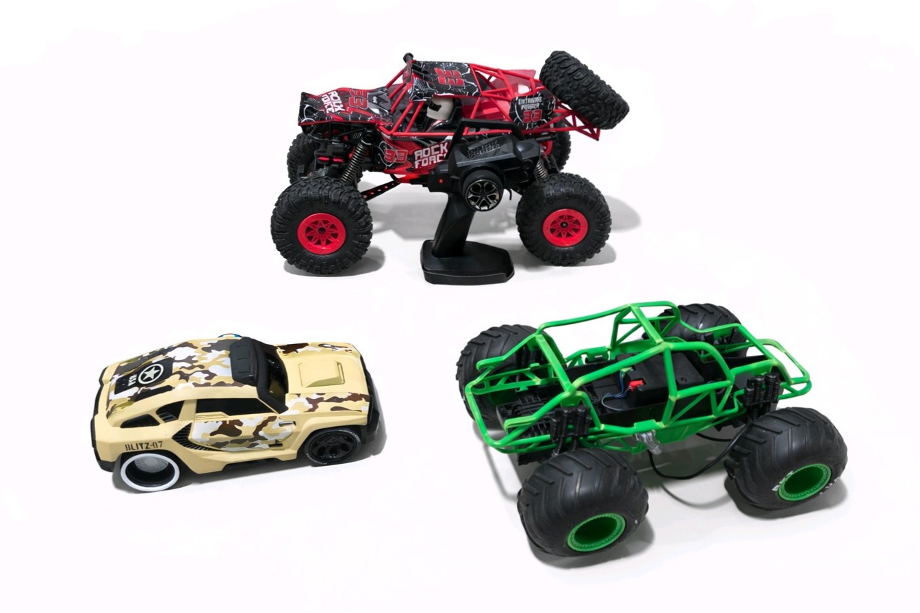 Lot of 3 RC Off Road Toy Vehicles Rock Force Buggy Monster Truck Sound Car w Remote Untested