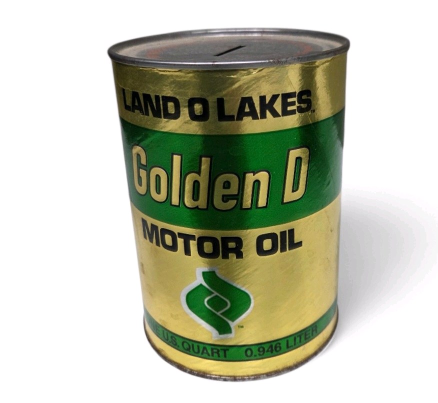 Vintage Land O Lakes Golden D Motor Oil Advertising Bank  1 Quart Oil Can Style