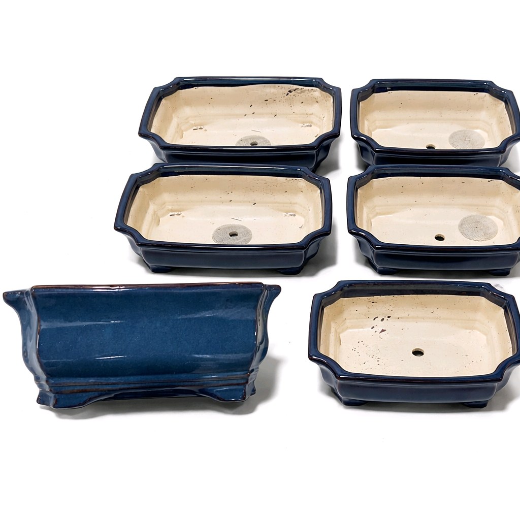 6pc Ceramic Bonsai Planter Lot Blue Glazed Rectangular Pots Drainage Indoor Outdoor
