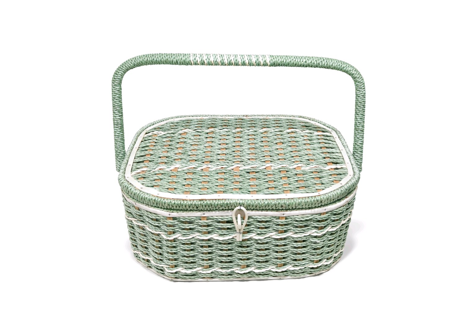 Vintage Scovill Dritz Sewing Basket Green Woven Box Handle Satin Lined w Sewing Notions