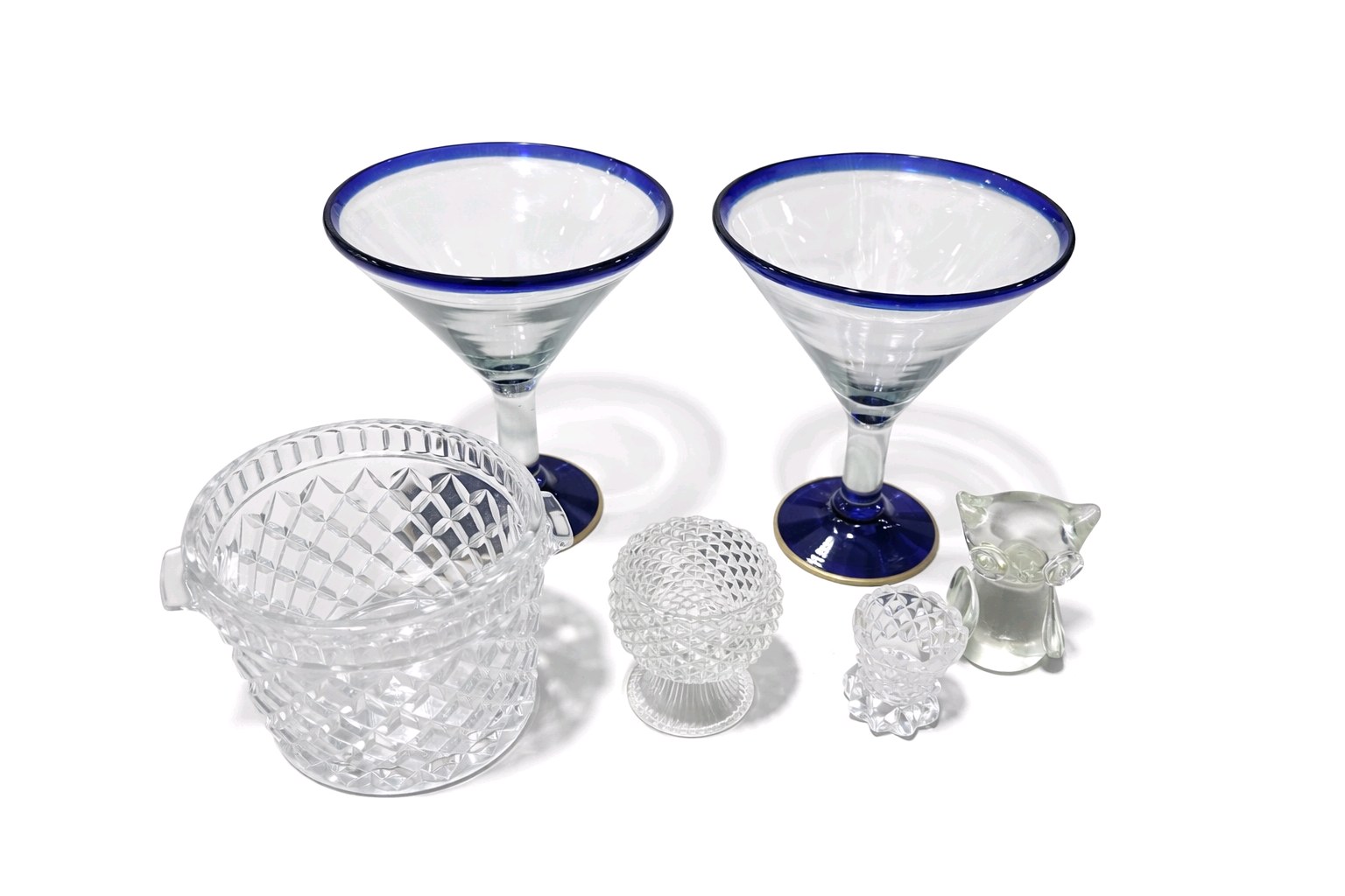 Art Glass & Crystal Decor Lot 2 Cobalt Blue Rim Martini Glasses, glass Owl and More