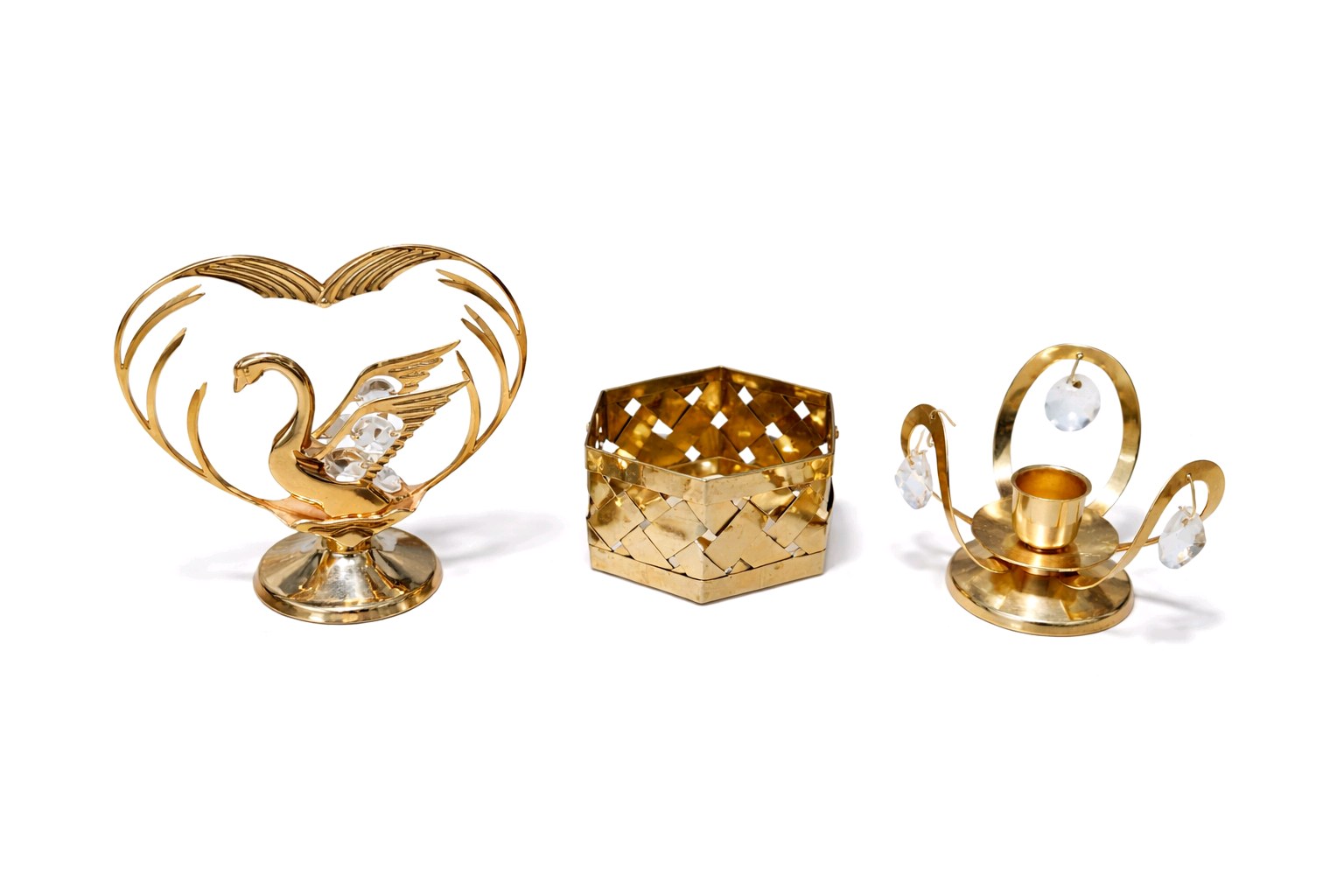 Vintage Gold Tone Swan Decor Lot Crystal Accent Candle Holders Basket Centerpiece