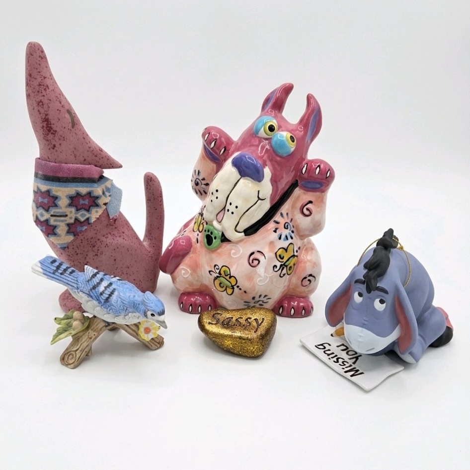 Vintage Lefton Blue Jay, Disney Eeyore Ornament, Sassy Rock, Cat Figurine Decor Lot