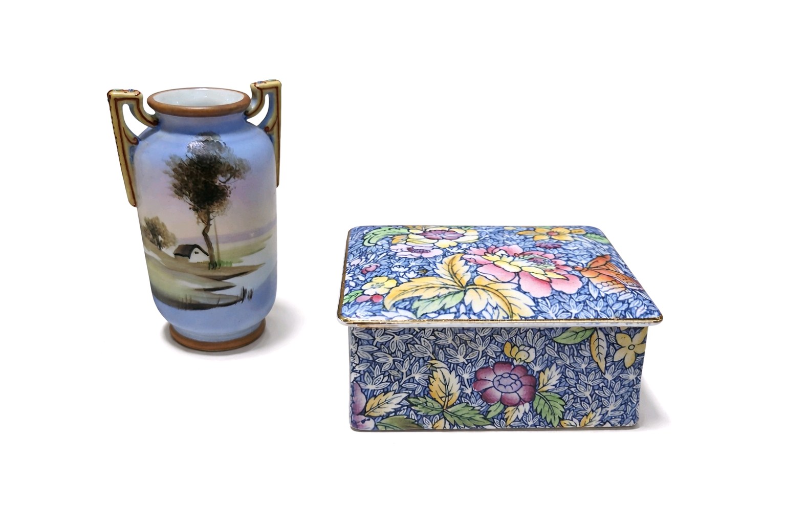 Hand Painted Chintz Box Made In England & Landscape Vase Decorative China Lot