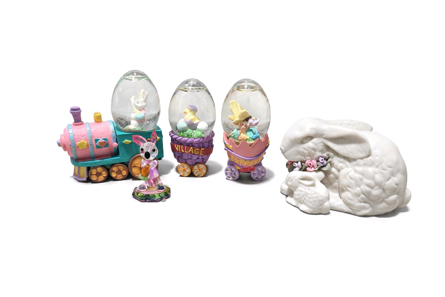 Vintage Easter Bunny Spring Decor Lot Train Egg Domes Figurine White Rabbit Statue
