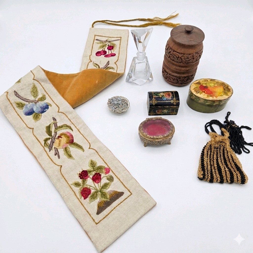 Vintage Dresser Vanity Accessories Lot Crystal Bottle, Beaded Bag, Carved Wood Boxes & More Decor