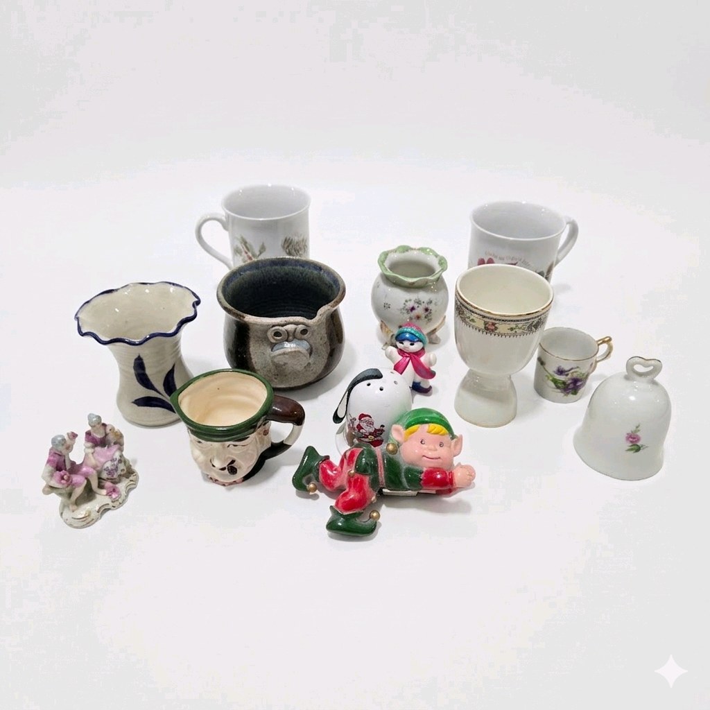 Vintage Porcelain Pottery Decor Lot w Japan Bell, Vase, Mugs, Elf, Christmas