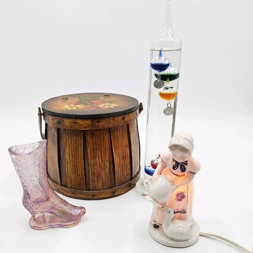 Vintage Home Decor Lot Galileo Thermometer, Wood Basket, Fenton Pink Glass Boot, & Girl Goose Lamp