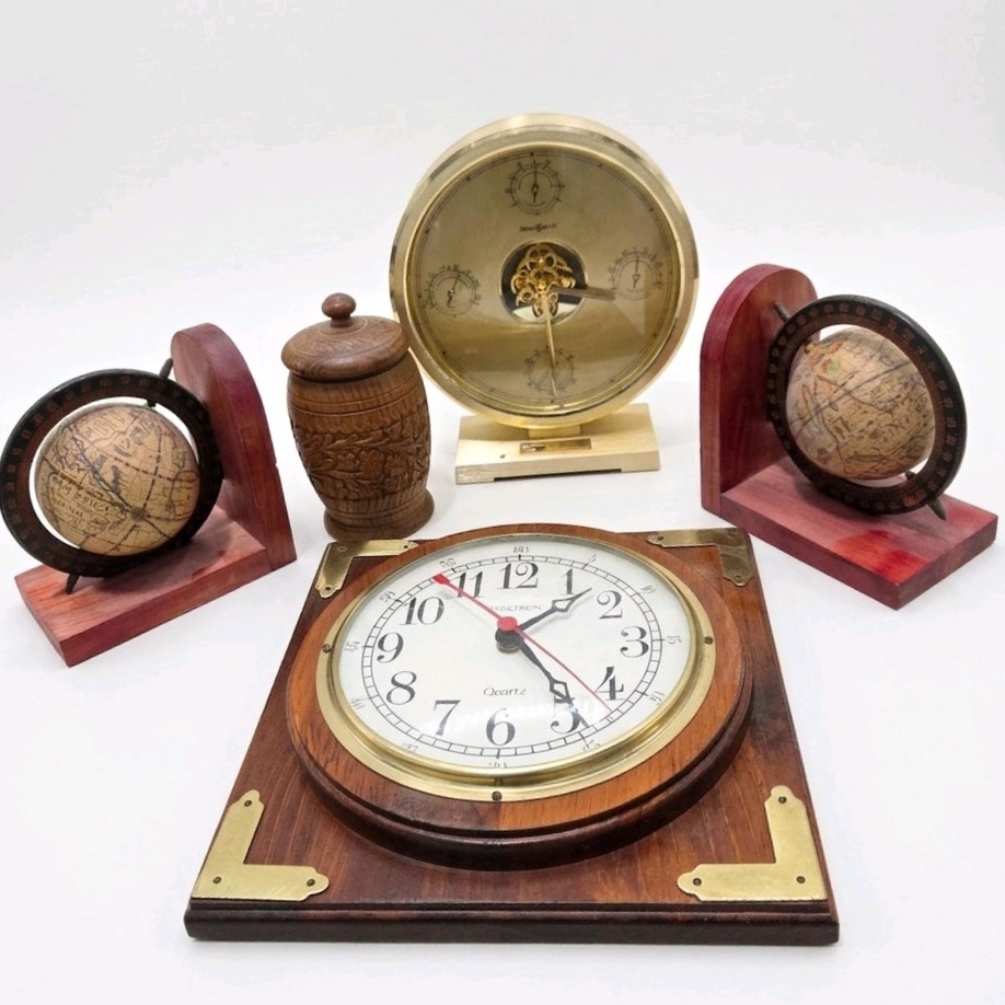 Decor Lot - Howard Miller Weather Station, Nautical Wood Clock, Globe Bookends, Carved Wood Jar