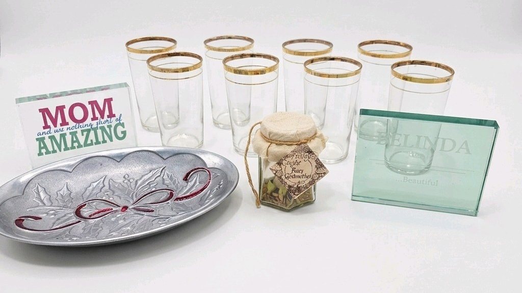 Lenox Holiday Glassware Decor Lot 8 Gold Rim Glasses, Mom Amazing, Belinda Sign, Fairy Godmother