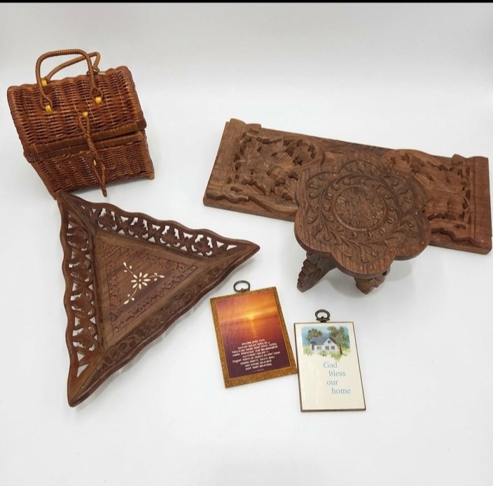 Hand Carved Wood Decor Lot Folding Corner Shelf Wicker Basket Prayer Plaque Home Blessing Sign