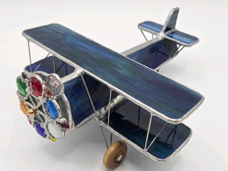 Handmade Stained Glass Biplane Airplane Sculpture Blue Leaded Glass Jeweled Propeller