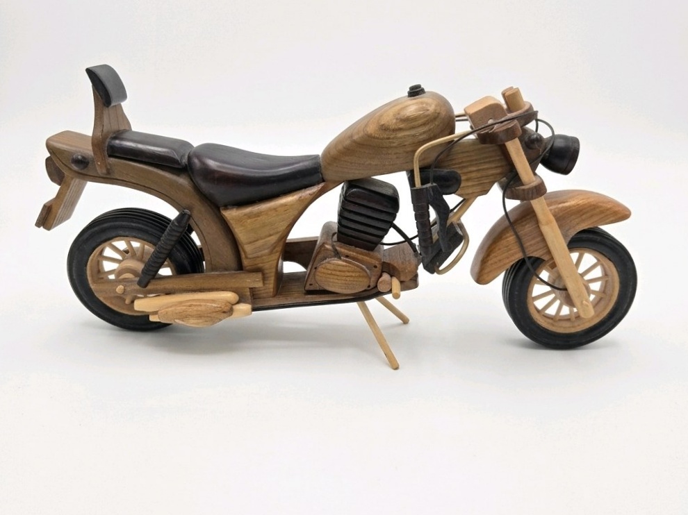 Vintage Handcrafted Wooden Motorcycle Model Desk Shelf Decor Black Seat Headlight