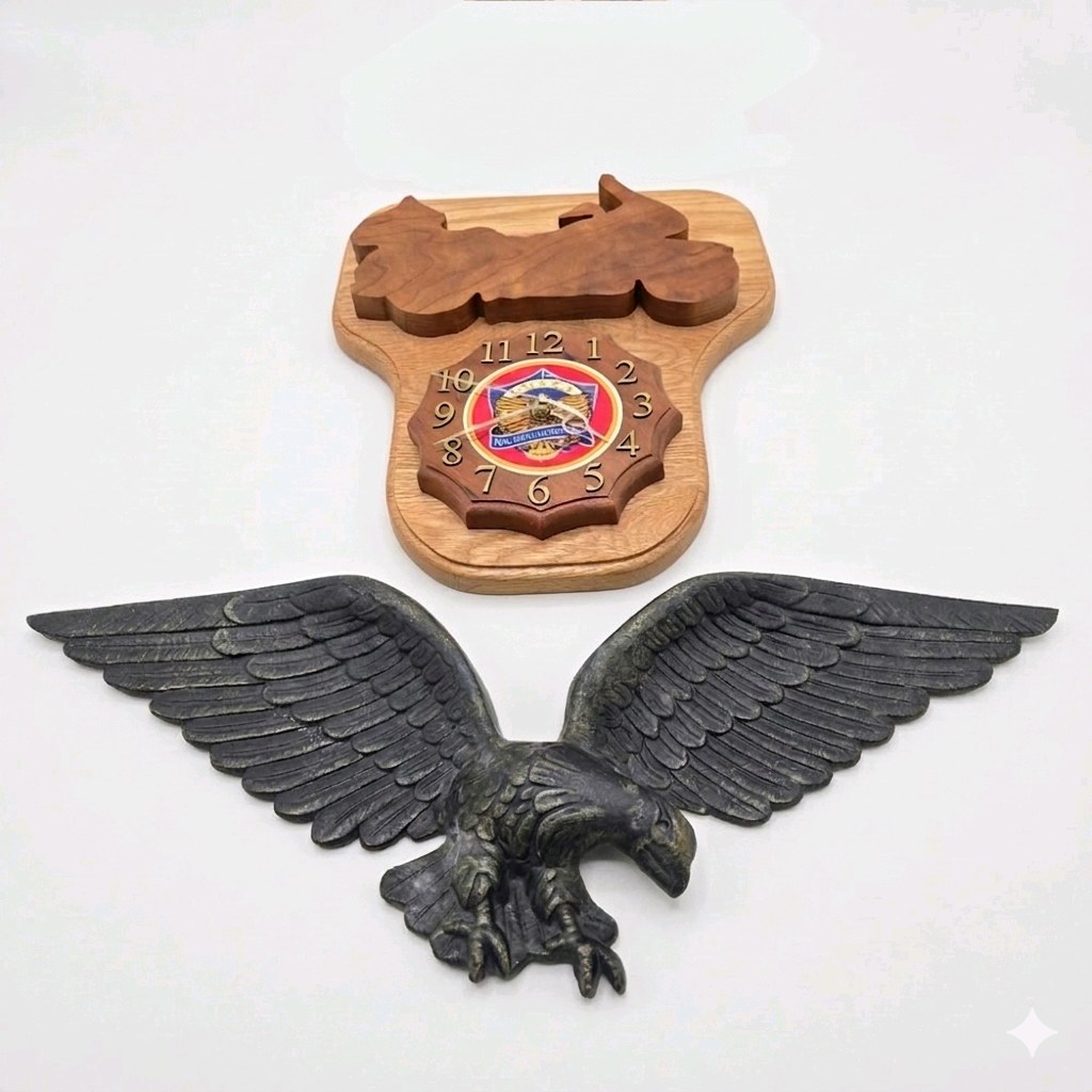 Wood Wall Clock & Metal Eagle Wall Dcor Lot GWRA Emblem Quartz Movement Rustic Lodge