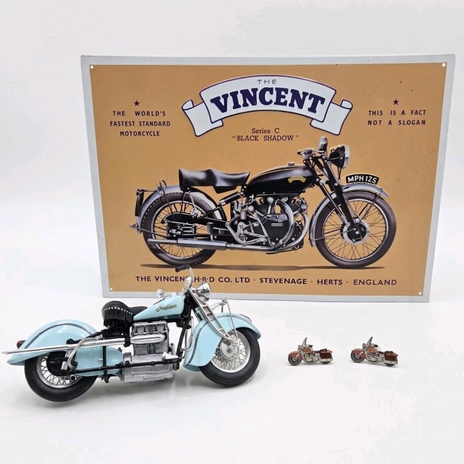 Indian Motorcycle Model Display Bike w/ Vincent Black Shadow Sign + 2 Mini Badges