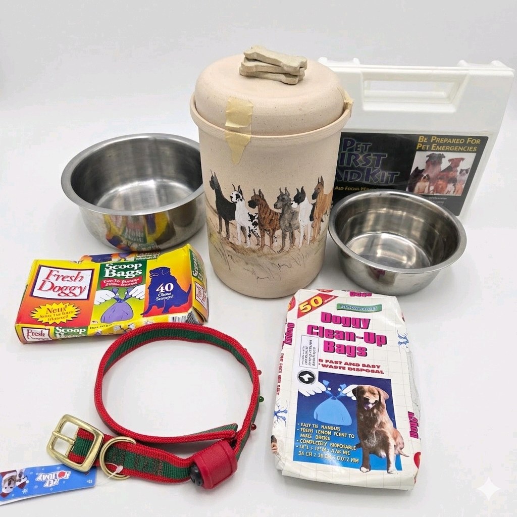 Dog Supply Lot First Aid Kit, Stainless Bowls, Ceramic Dog Treat Canister, Collar, Bags