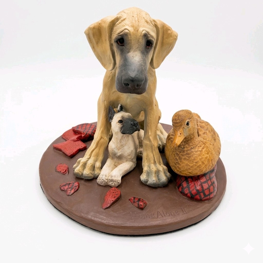 Great Dane Decor Lot Large Seated Dog Figurine, Small Dog Figure, Signed Duck Carving