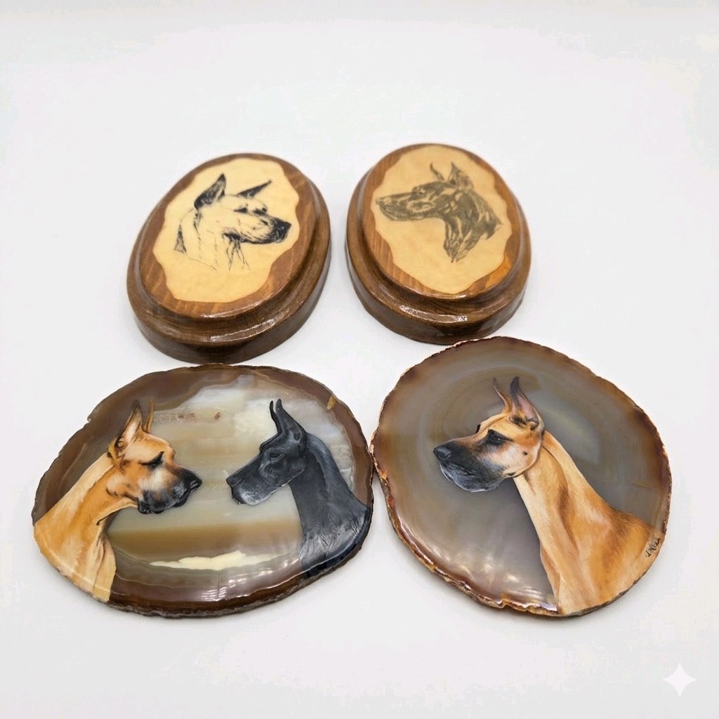 Lot of 4 Pieces Great Dane Dog Art Lot Hand Painted Agate Slabs and Hand Painted Wood Plaques AMCDC Award